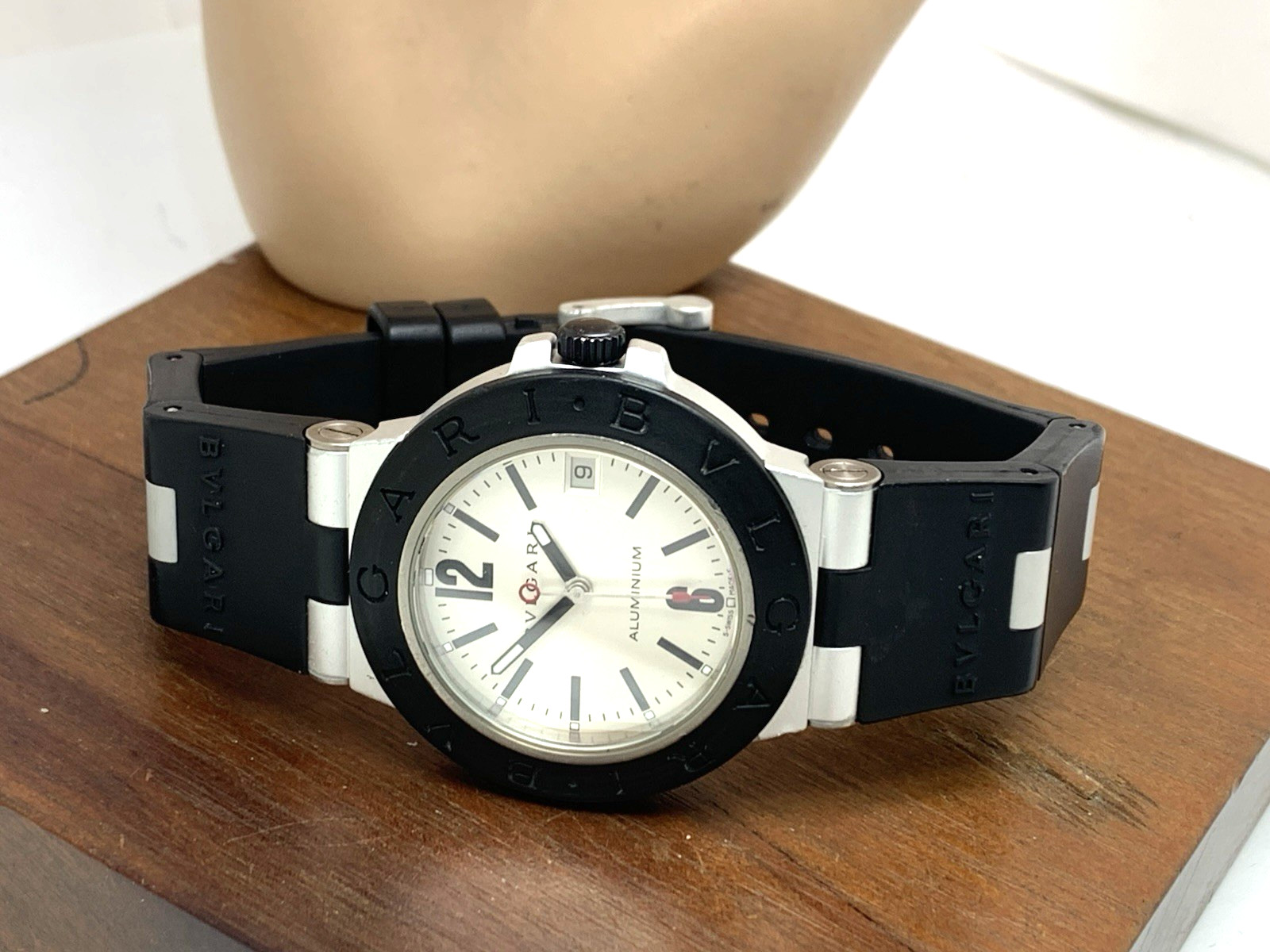 Bvlgari Men’s Watch AL38A Aluminum Swiss Automatic Silver Dial Black Rubber 38mm
