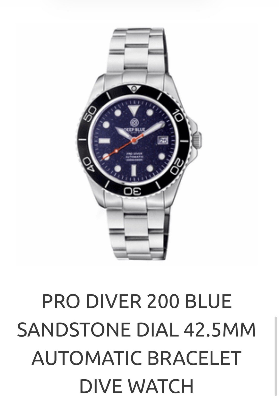 Deep Blue PRO DIVER 200 42.5MM AUTO DIVE WATCH- BLUE SANDSTONE DIAL -NEW‼️