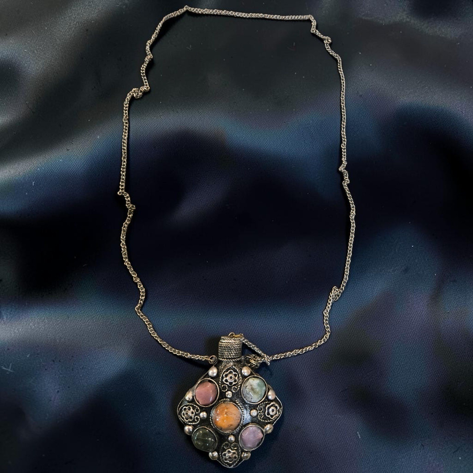 Vintage Ethnic Perfume Bottle Necklace Hardstone Cabochons Silver Tone Flask
