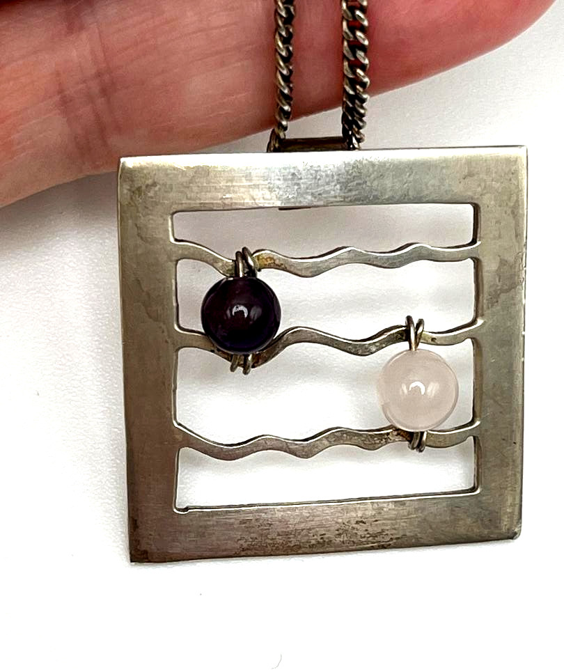 Vintage Signed SK Sterling 925 Pendant Necklace MODERNIST Amethyst Quartz 24″ L