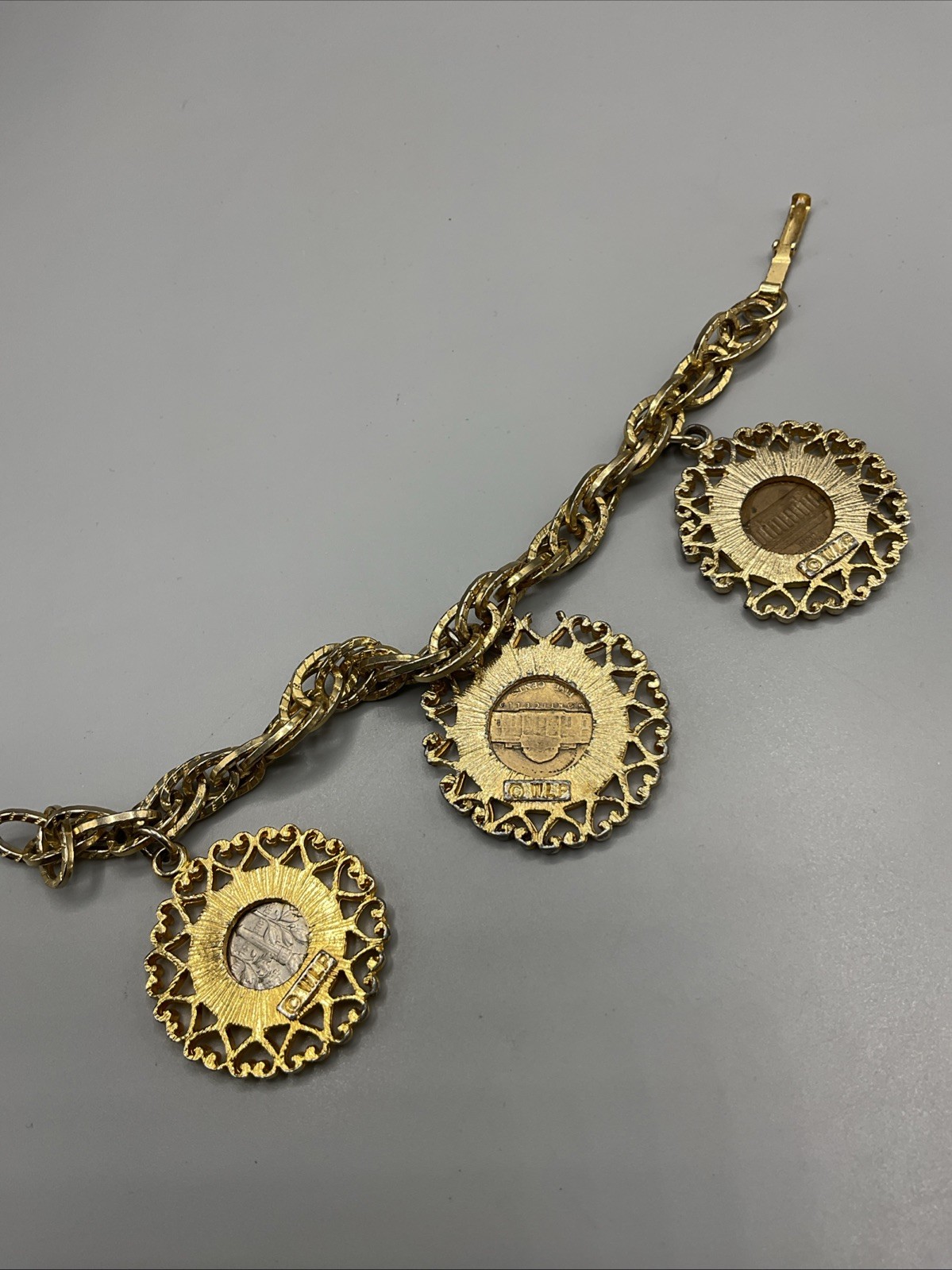 Vintage 3 Coins Dime Penny Nickel US Mint Charm Bracelet