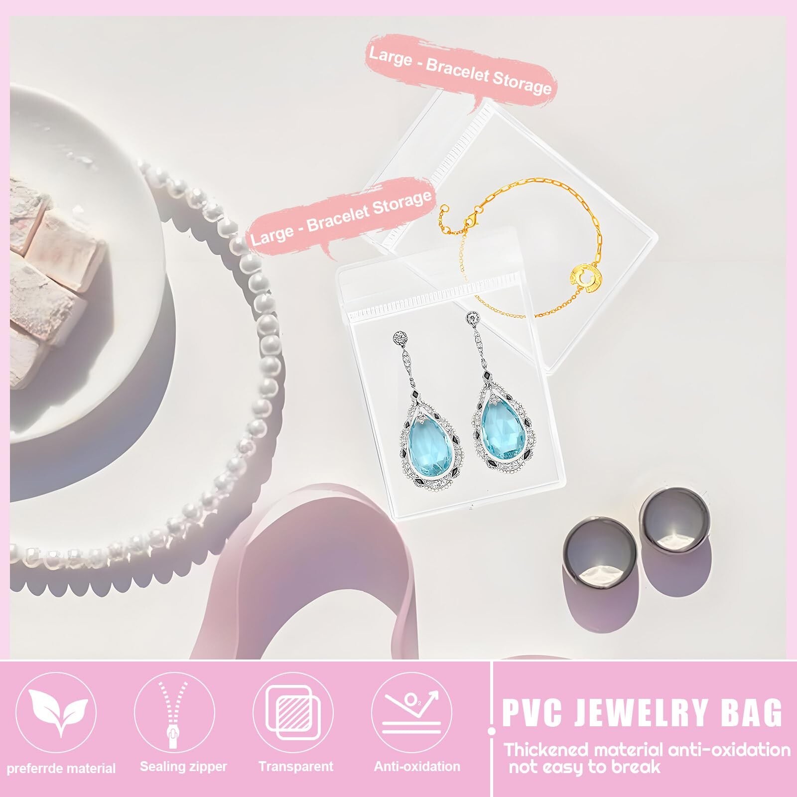 2 Packs Acrylic Jewelry Box with 100pcs PVC Portable Anti Oxidizing Zipper Ba…