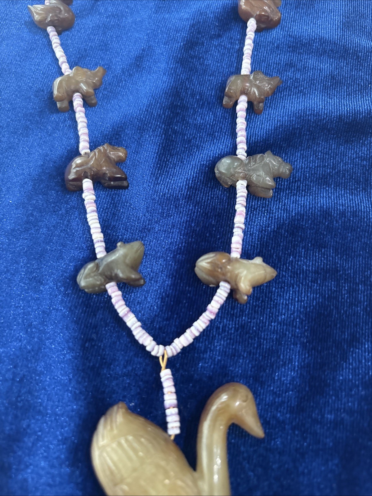 Vintage Chinese Export Carved Stone Zuni Style Necklace. Carved Animals.