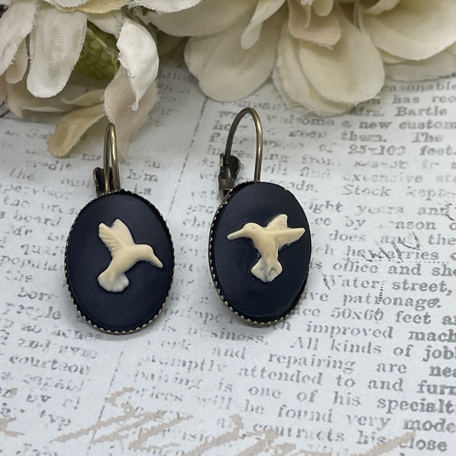 Black White Hummingbird Bird Bronze Boutique French Wire Cameo Earrings Wedding