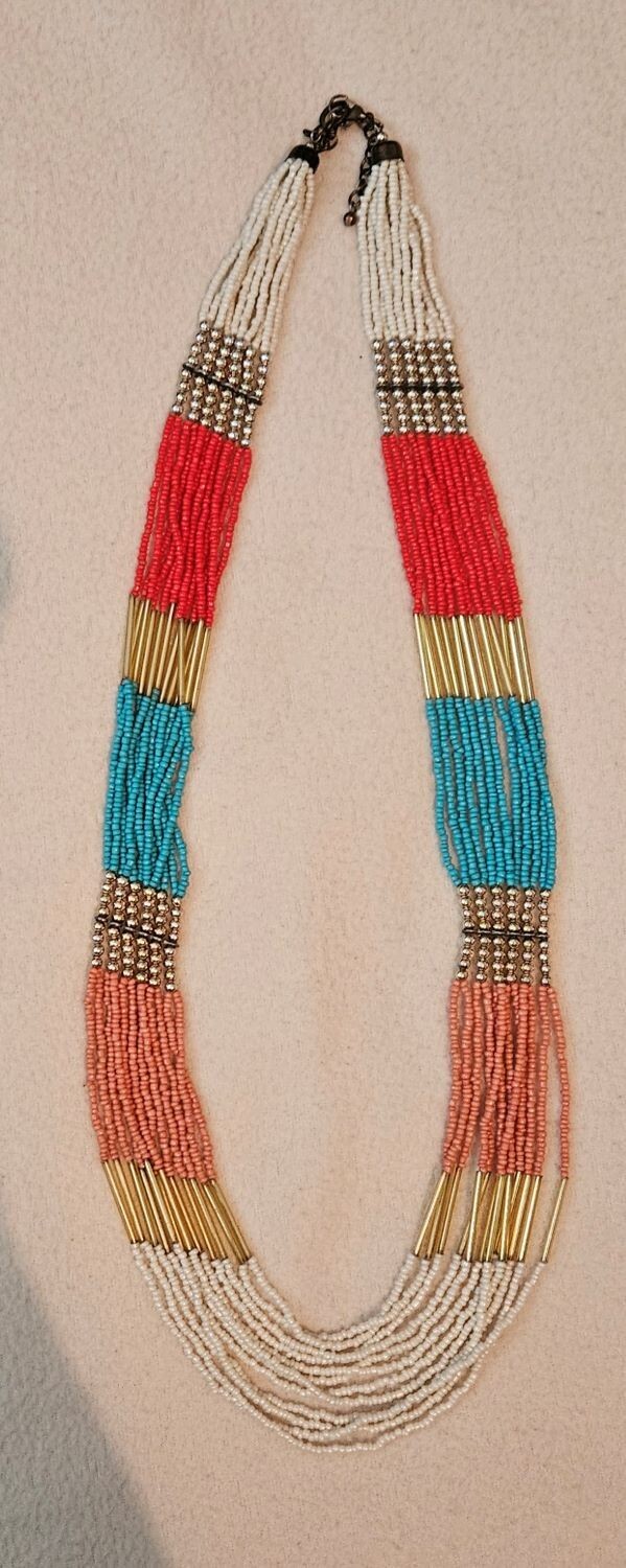 Coral Red, Peach, Beige and Turquoise Color Multistrand Seed Beaded Necklace