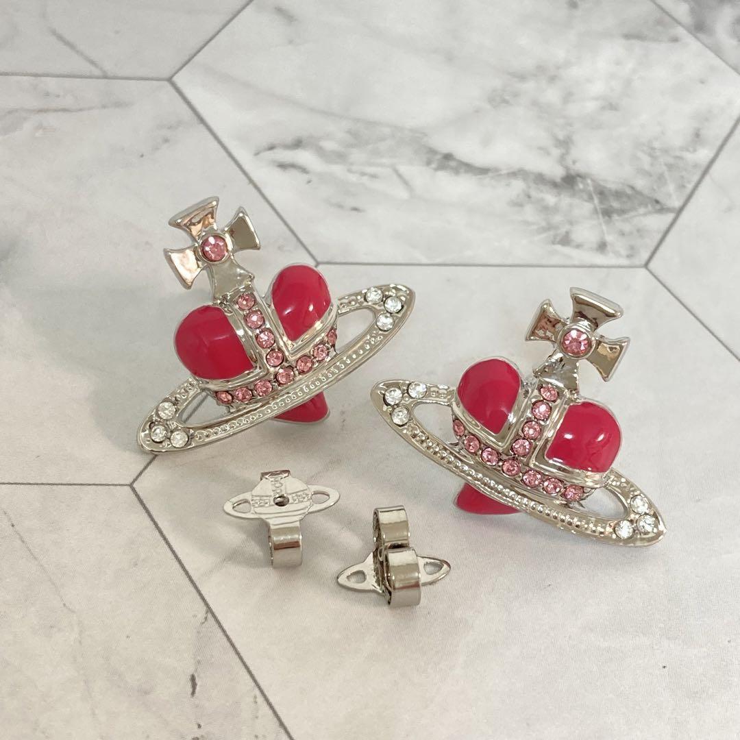 Vivienne Westwood Earrings Pierce Diamante Heart Silver Pink 2.5 cm w/drawstring