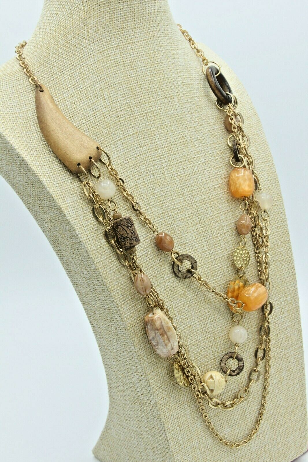 Sharks Tooth Necklace Earth Wood Beaded Chain Surfer Tribal Beach Jewelry