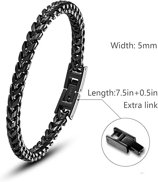 Men Bracelet Stainless Steel Fold Over Clasp Franco Chain Bracelets Gift Black