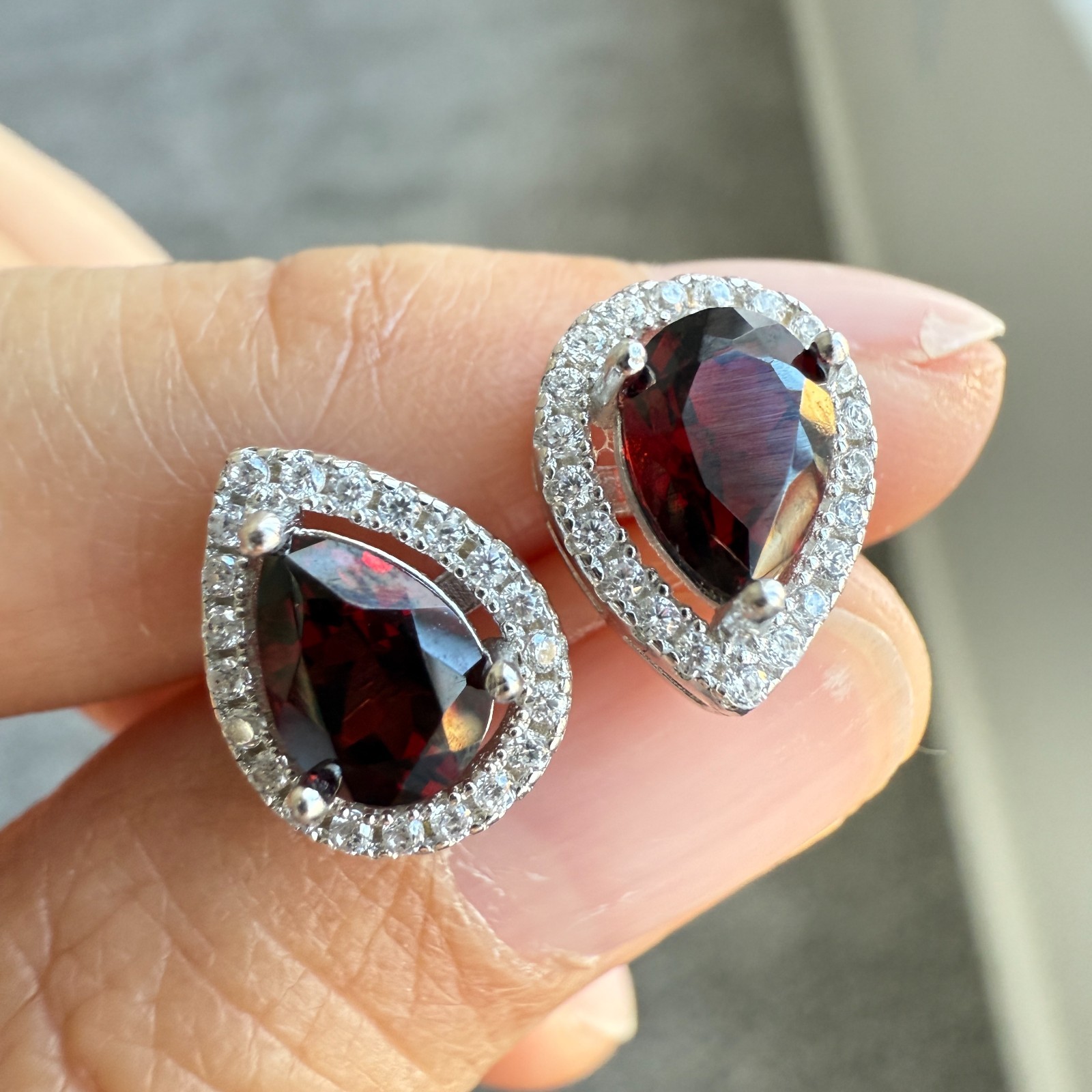 925 Sterling Silver Earrings 7x5mm Rhodolite Garnet Zircon Teardrop Handmade Red
