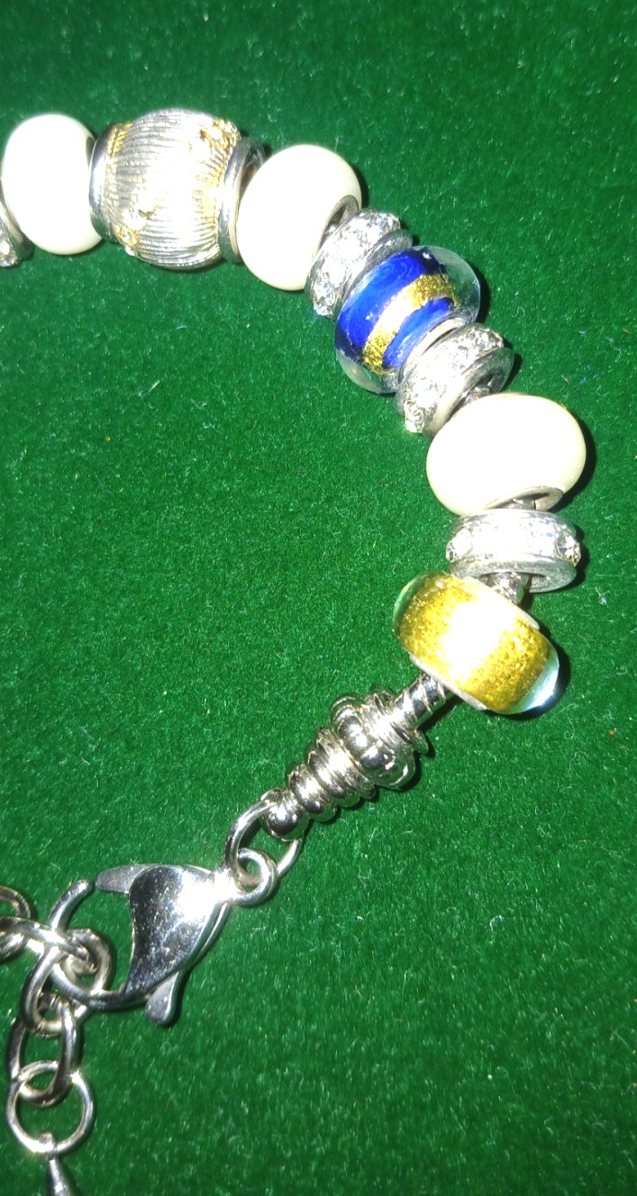 Bella Perlina Charm Bracelet in Blue, Silver, Yellow, Pearl Tone & Rhinestone bd