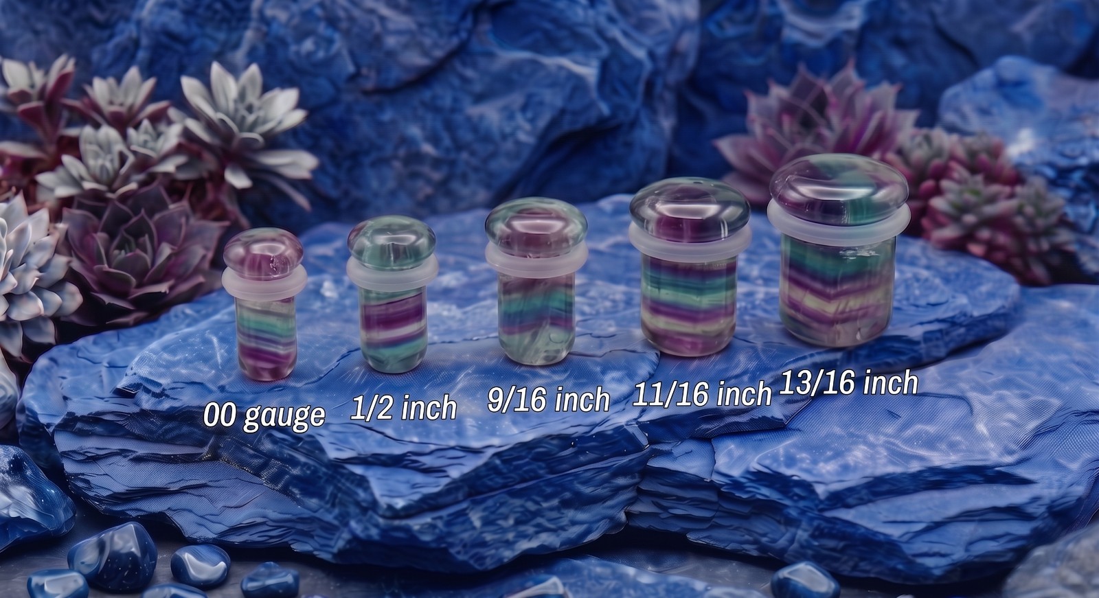 Pair of Rainbow Fluorite Single Flare Natural Stone Ear Plugs Expander E618A