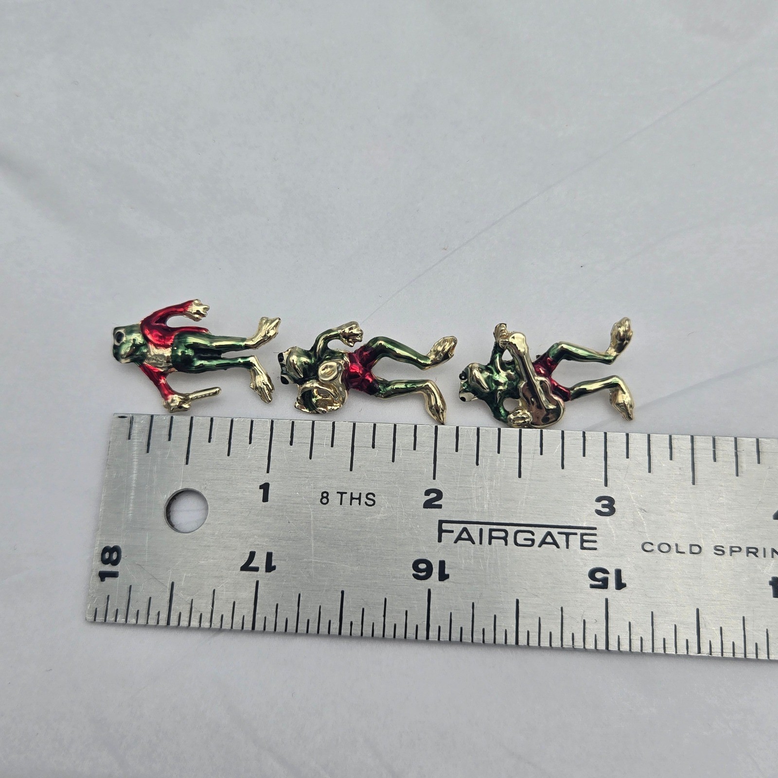 Frog Music Band Enamel Brooch Set of 3 Green Red Gold Novelty Pins Quirky