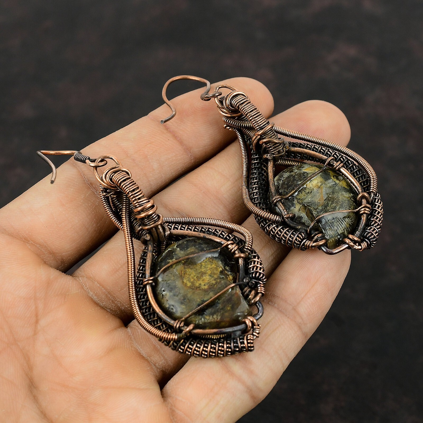 Gift For Her Ammonite Fossil Wire Wrapped Earrings Copper Jewelry 3.11″