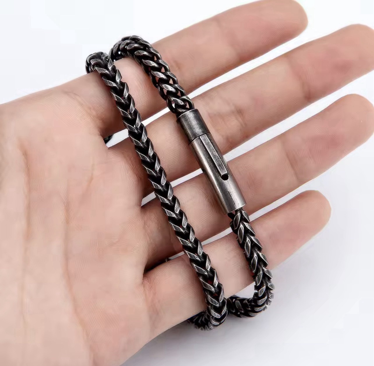 Men’s Black Silver Stainless Steel Viking Wheat Chain Necklace 60cm