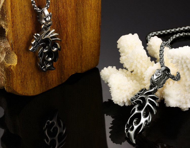 Dragon Flame Necklace for Men or Women Stainless Steel Gothic Biker Ginger Ly…
