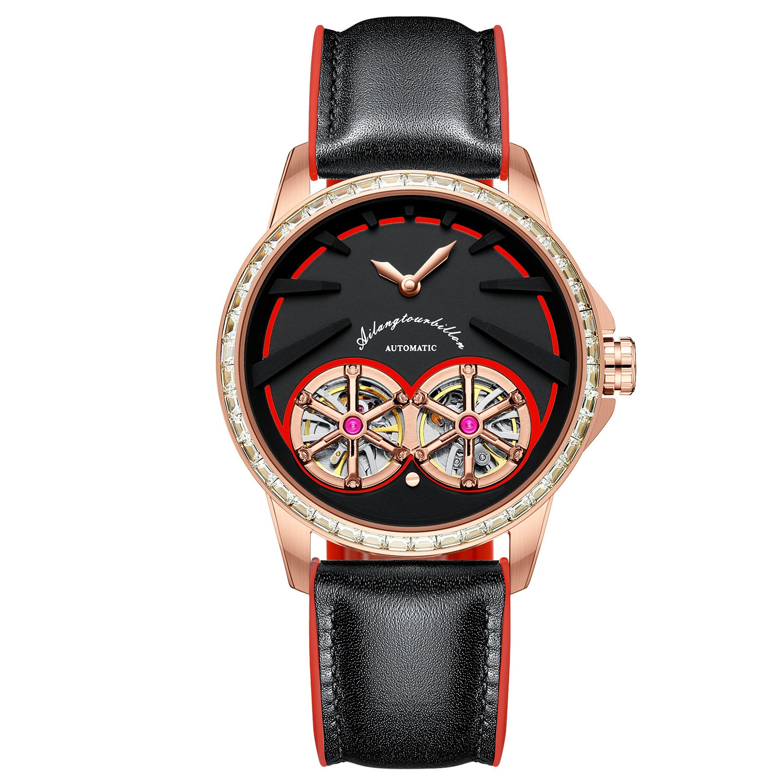 AILANG Men’s Gift Hollow Out Diamond Dual Tourbillon Automatic Mechanical Watch