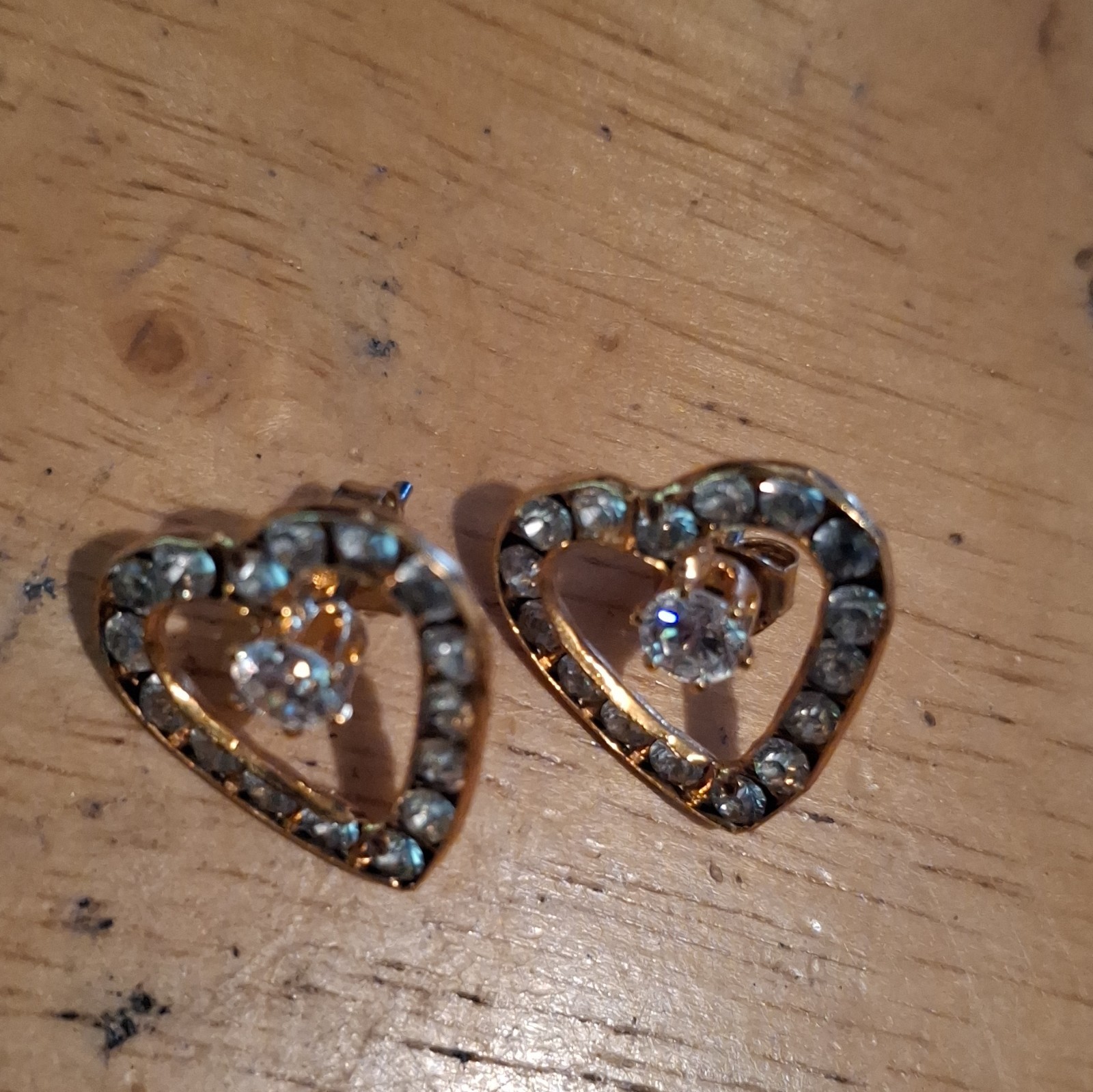 Gold Tone Metal Heart Stud Earrings Clear Rhinestone Pair