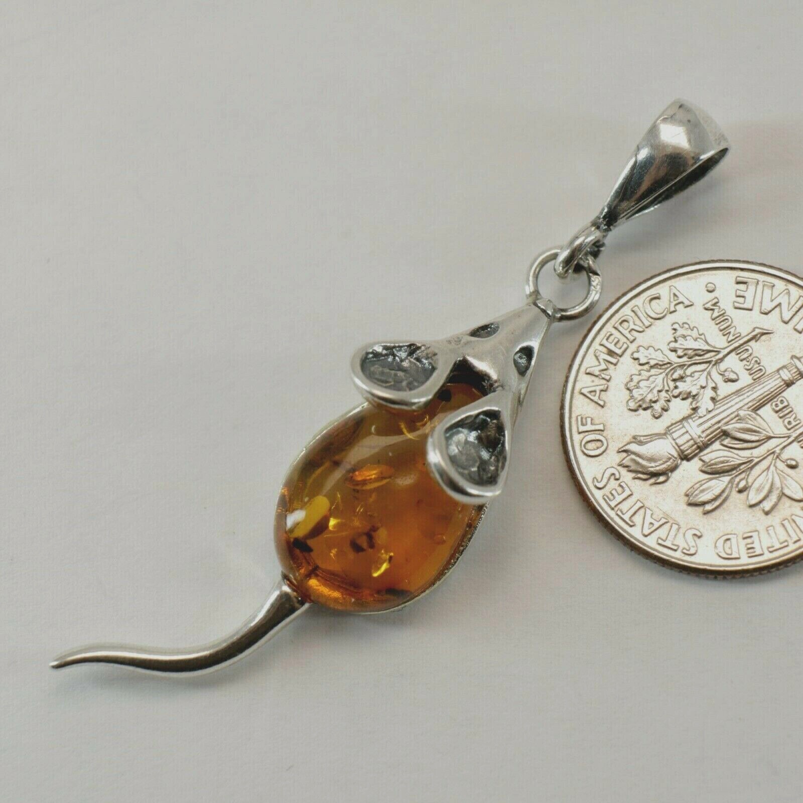 Natural, Cognac / Brown BALTIC AMBER Mouse Pendant 925 STERLING SILVER #5104
