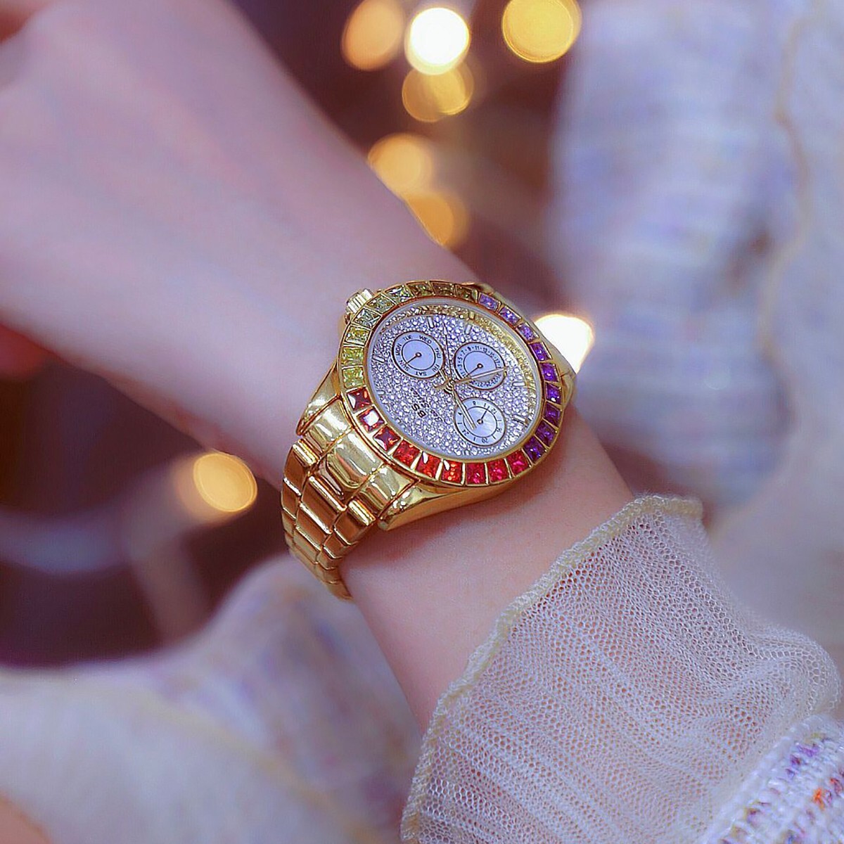 Rainbow Crystal Bezel Women Watch Gold Tone Colored Gems Women’s Wrist Watch