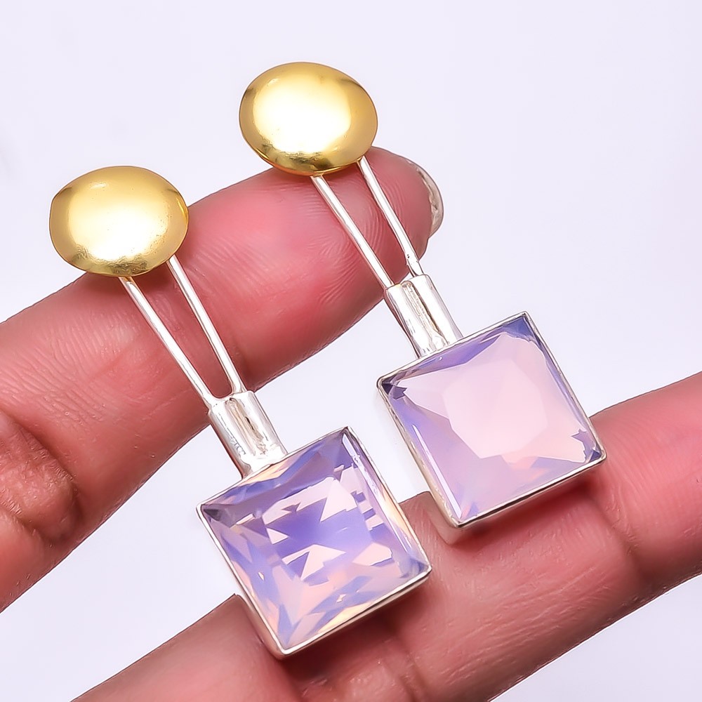 Milky Pink Opal 925 Sterling Silver Two Tone Earring 1.76″ E75, Christmas Gift