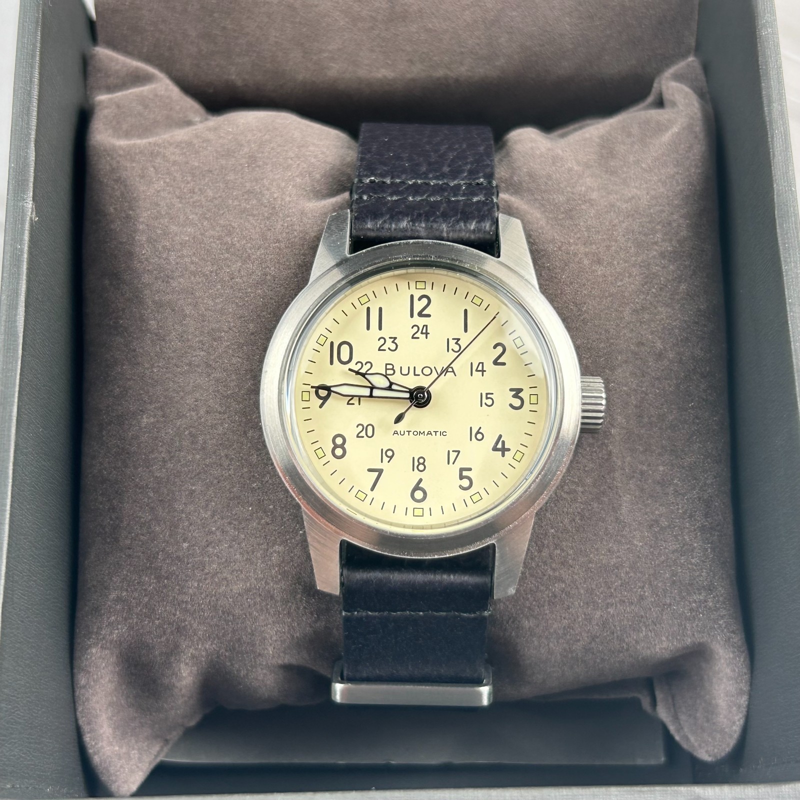 Bulova 96A246 Hack Ivory Dial Black Leather Strap Men’s Automatic Watch