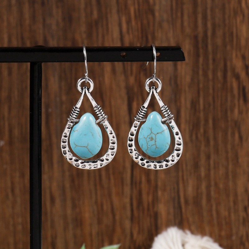 Boho Simple Hammer Lines Raindrops Turquoise Silver-plated Alloy Dangle Earrings