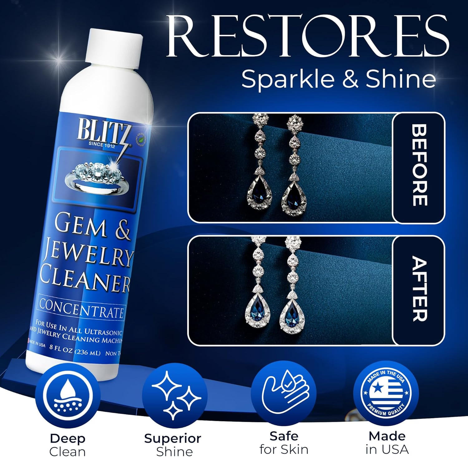 Blitz Gem & Jewelry Cleaner Concentrate Refill for Ultrasonic Machines 8 Oz | Li