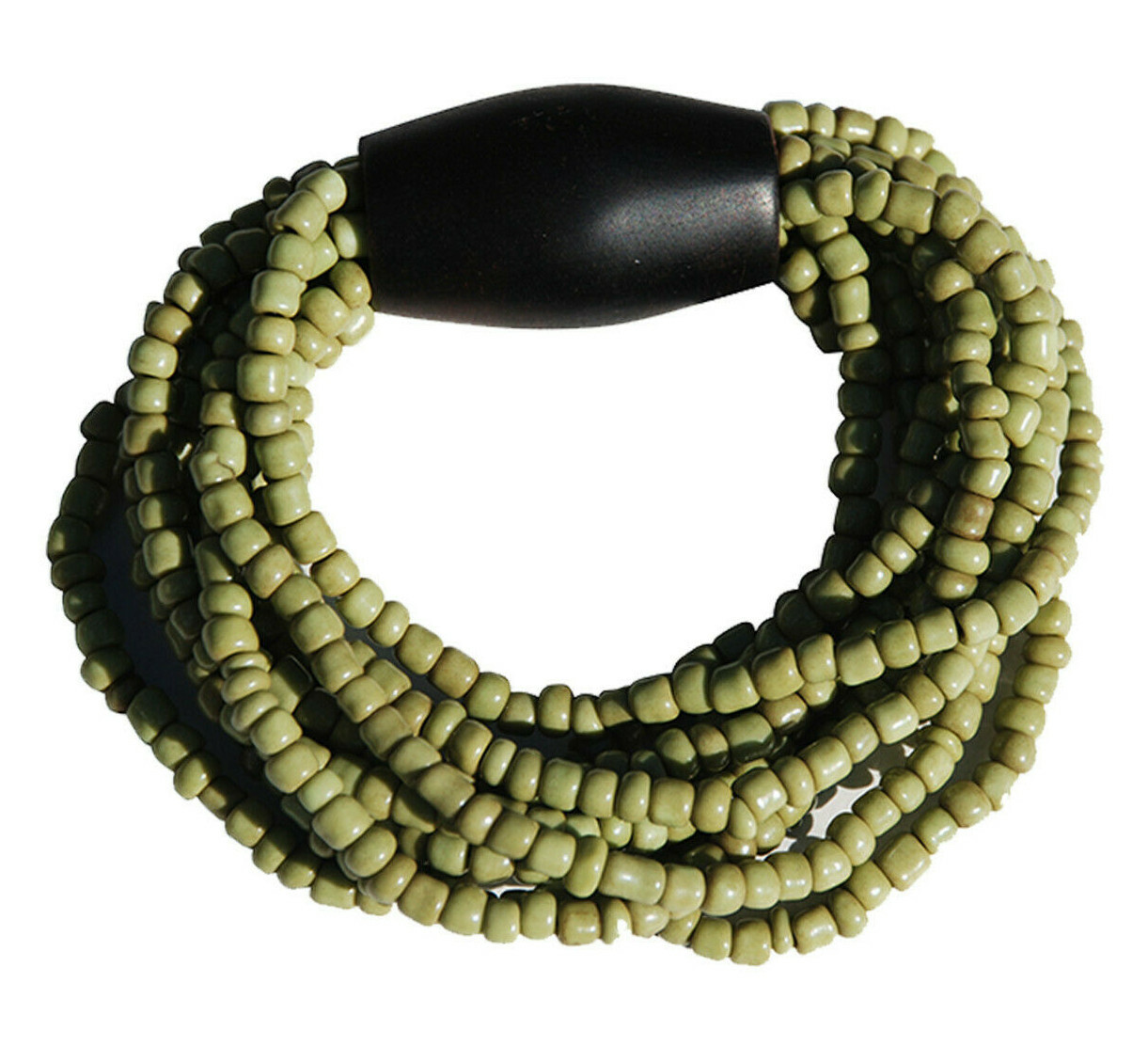 New Lime Green 11-Strand Glass Beaded Stretchable Bali Bracelet with Wood Bead