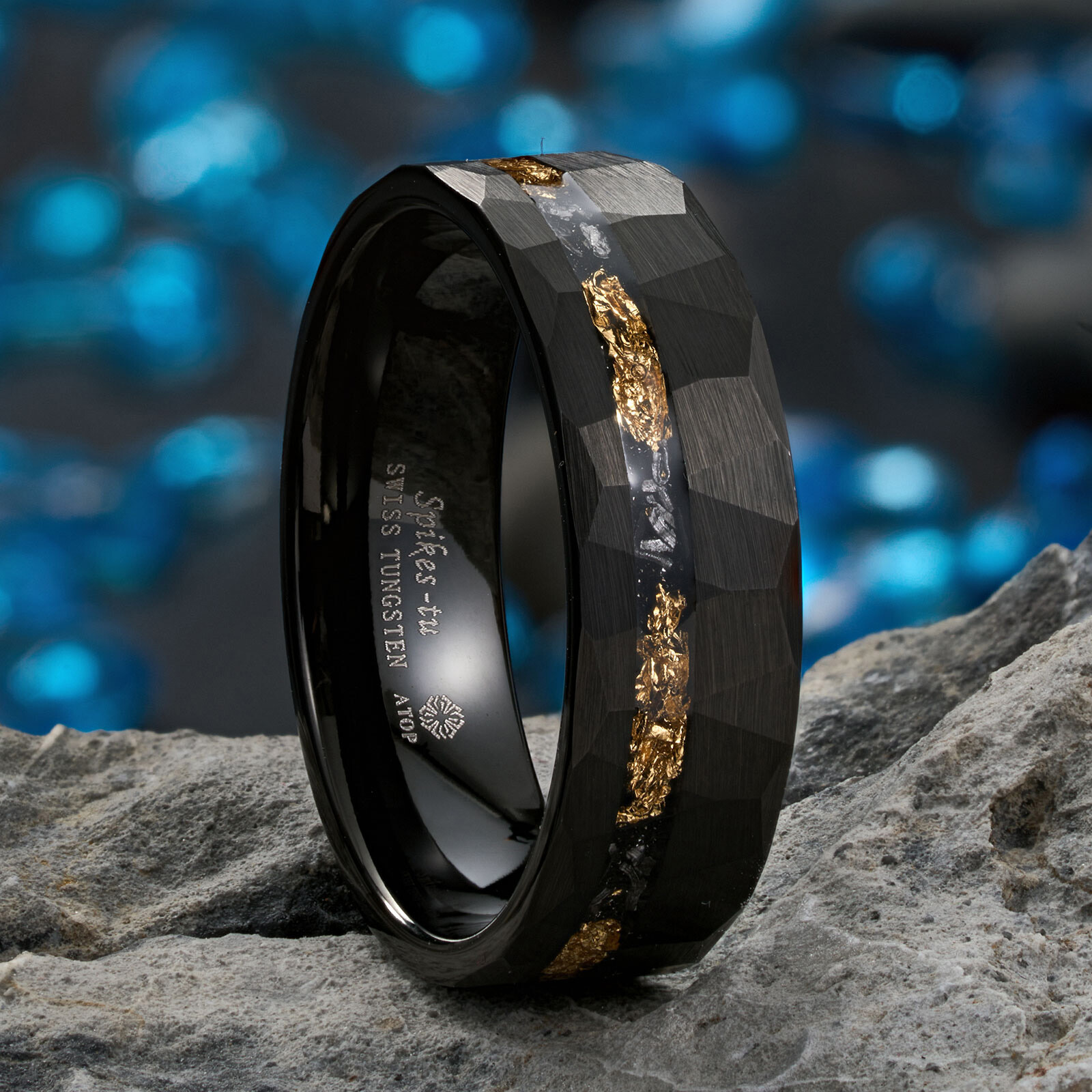 24K Gold Foil & Meteorite Black Faceted 8mm ATOP Jewelry Tungsten Ring
