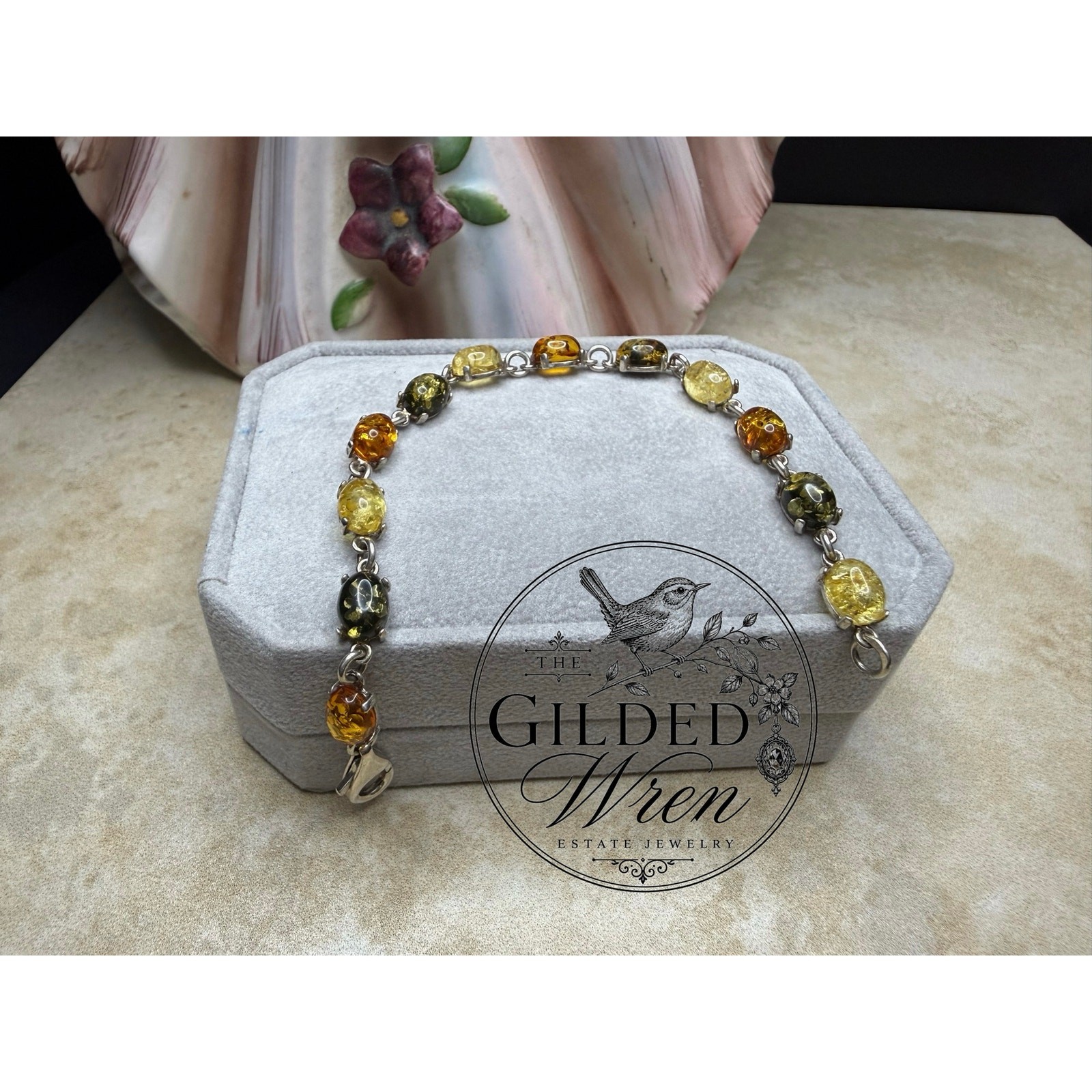 Vintage Baltic Amber 925 Sterling Silver Bracelet Honey Cognac Green 7 Inch