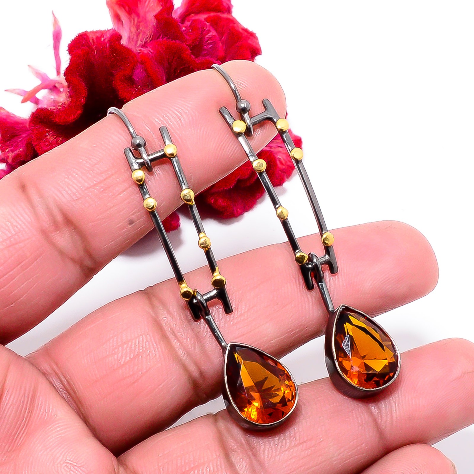 Golden Quartz 925 Sterling Silver Black And Gold Rhodium Plated Earring 2.34 S34