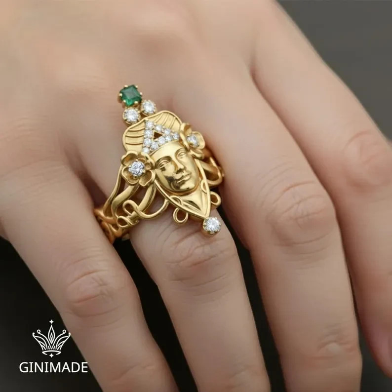 Art Nouveau Gold Goddess Face Ring w/ Emerald & Diamond