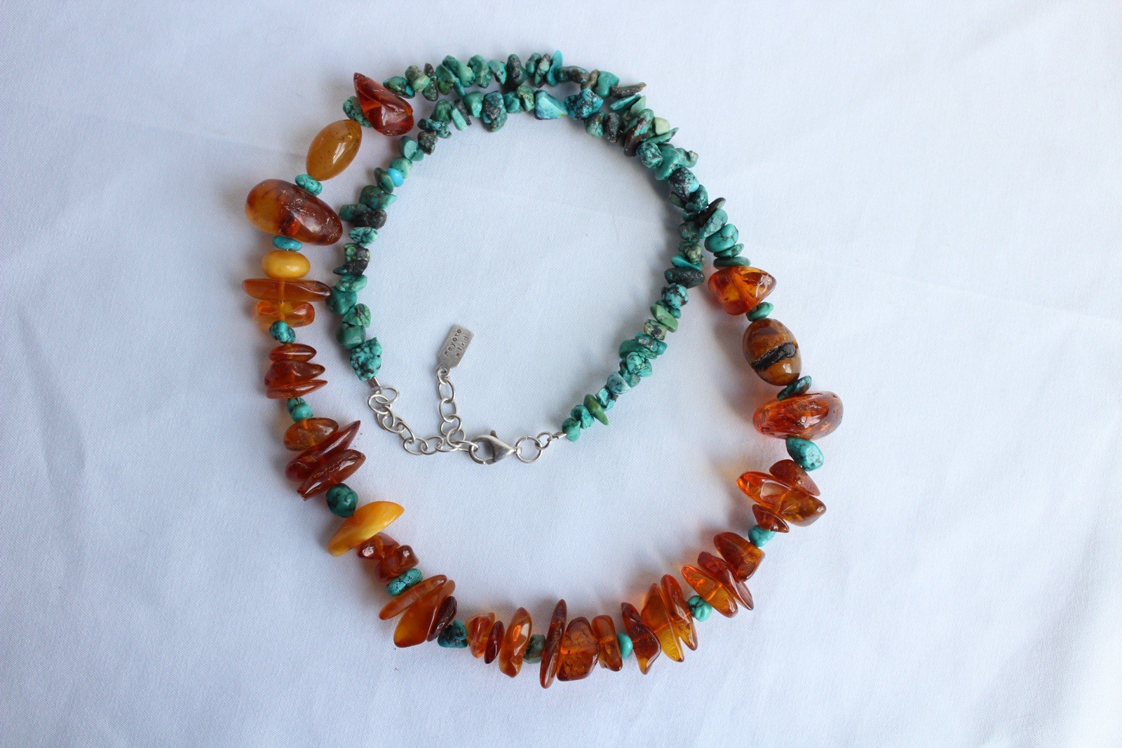 Signed Peyote Bird Sterling Silver Genuine Amber Turquoise Beads Necklace 21.5”