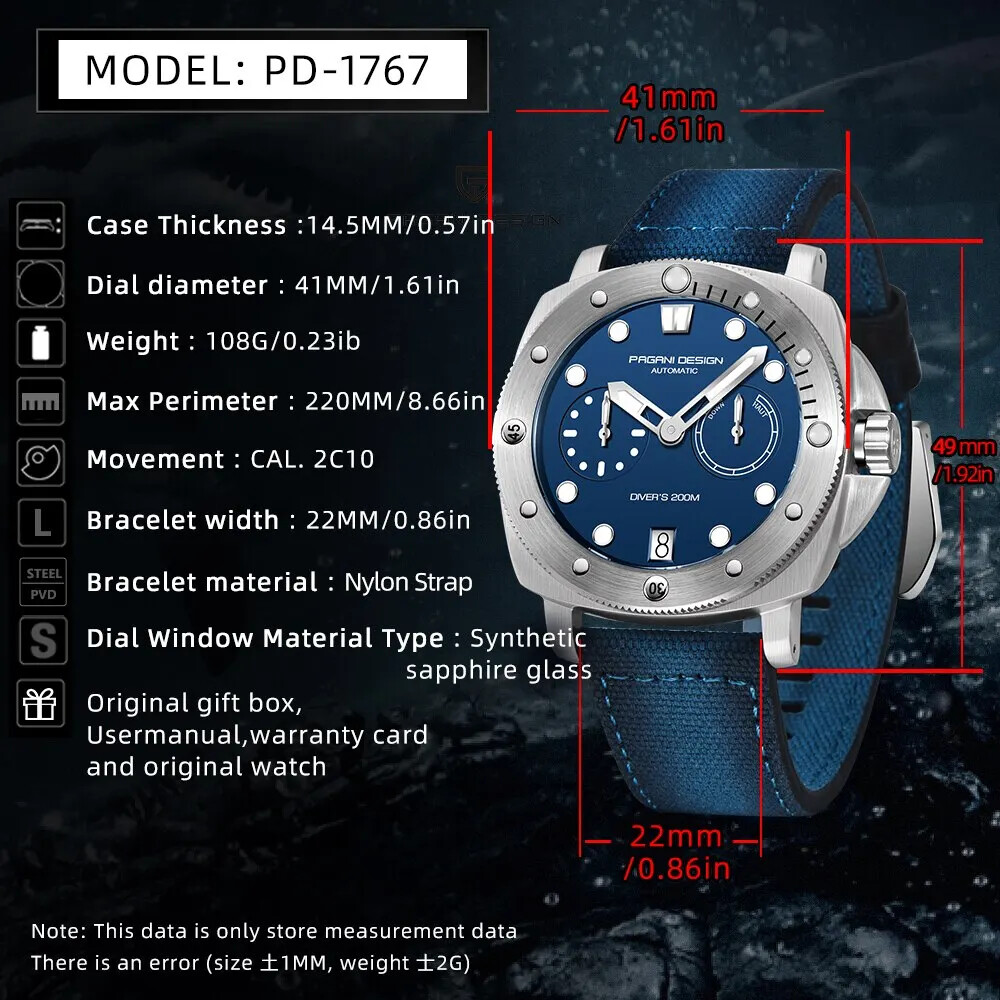 Pagani Design PD-1767 Automatic Watch For Men 200M Waterproof 4 COLORS