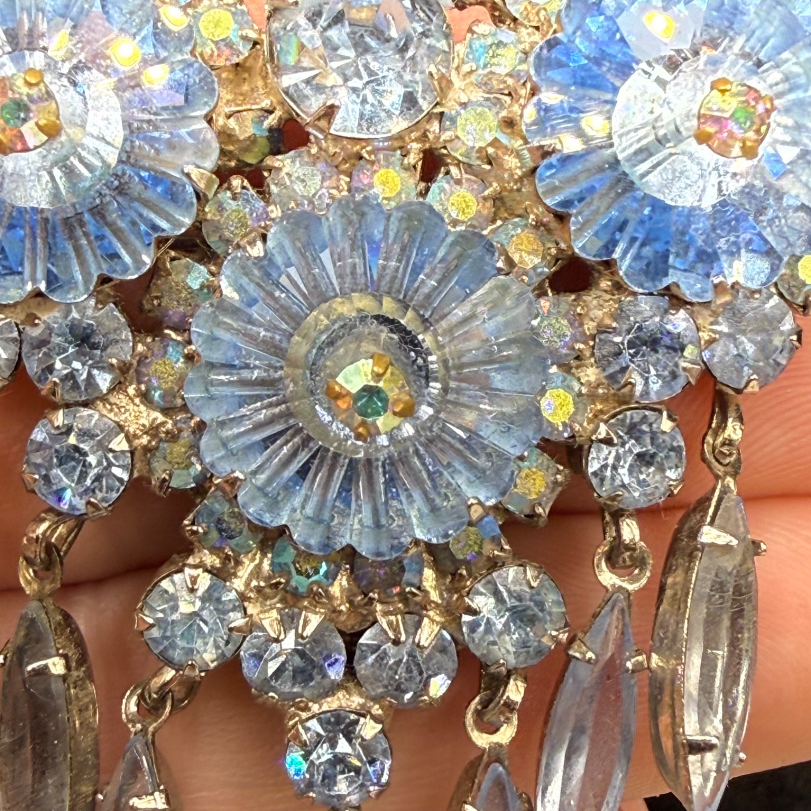 Vintage Juliana Brooch Blue Rivoli Stunning Chandelier Owl Eyes