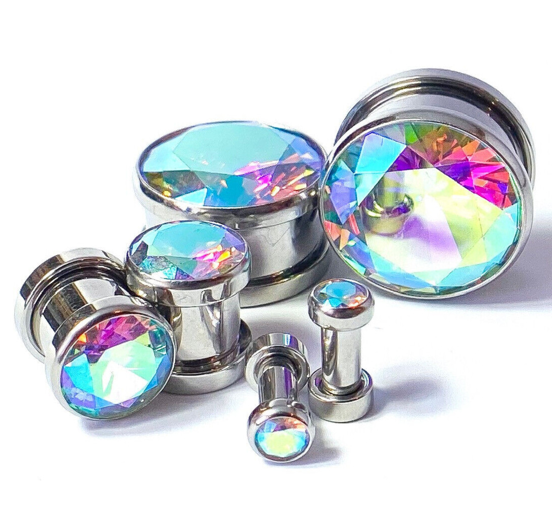 PAIR Large Aurora Borealis Gem Screw Fit Tunnel Plug Gauge Body Jewelry Piercing