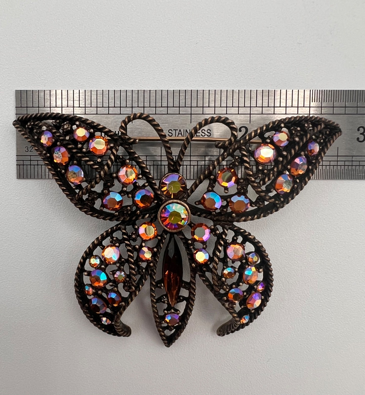 Vintage KIRKS FOLLY Butterfly Brooch Pin AB Rhinestones, Copper Ox, Signed