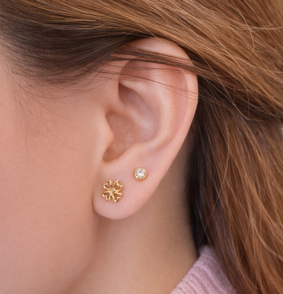 18K Solid Gold Clover Stud Earrings | 5.4mm | Minimalist Earrings