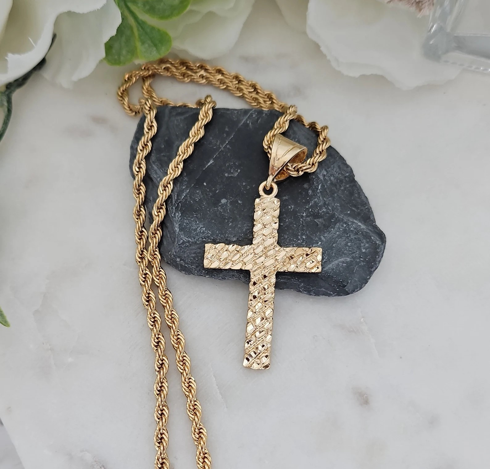 Large Gold Nugget Cross, 5mm French Rope Chain, 14k Heavy Plated