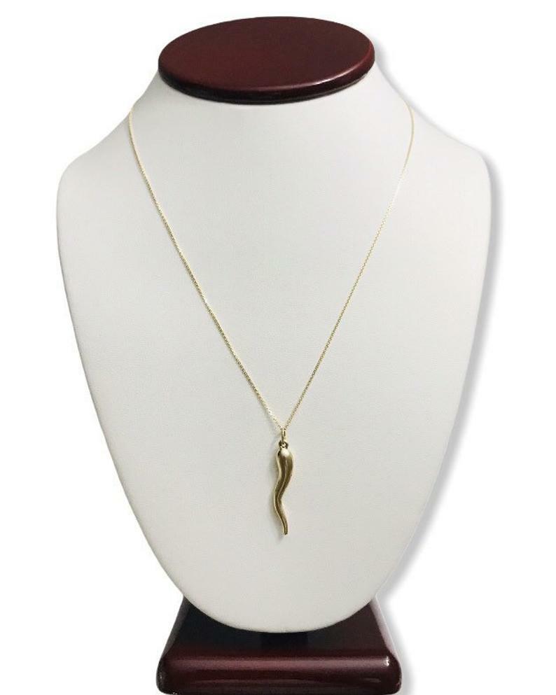 10K Real Gold Italian Horn, Cornicello, Chili 1.3″ Pendant / Necklace – C3041