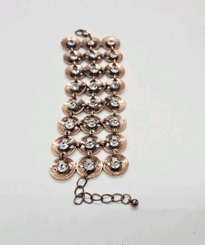 Copper Link Bracelet Circular Panels Crustal Accent Gorgeous Wide Couture 9 in