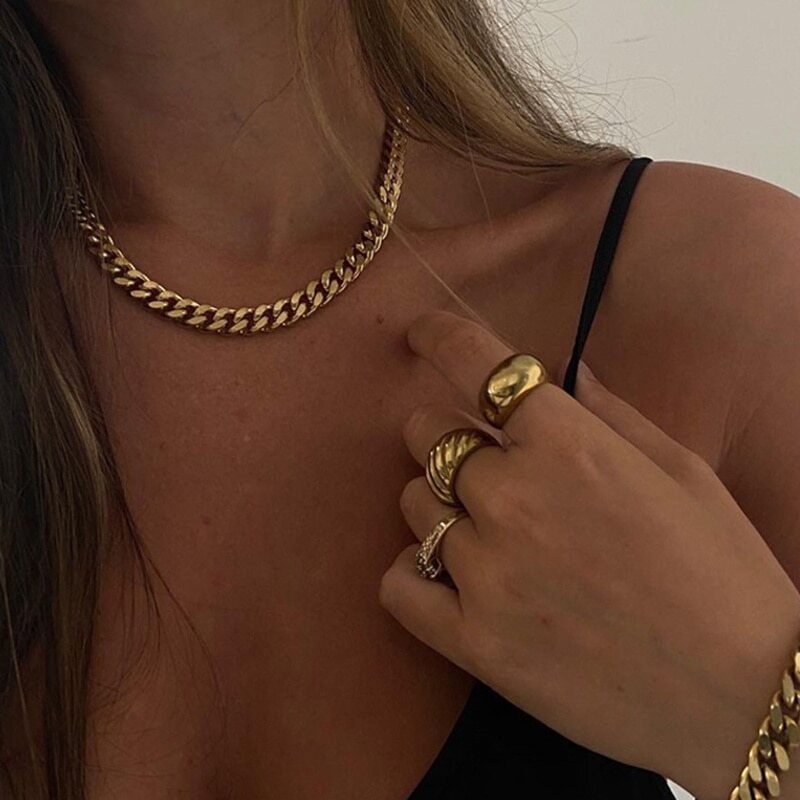 Cuban Chain Necklace Basic Stainless Steel Link Chain Chokers Vintage Colla