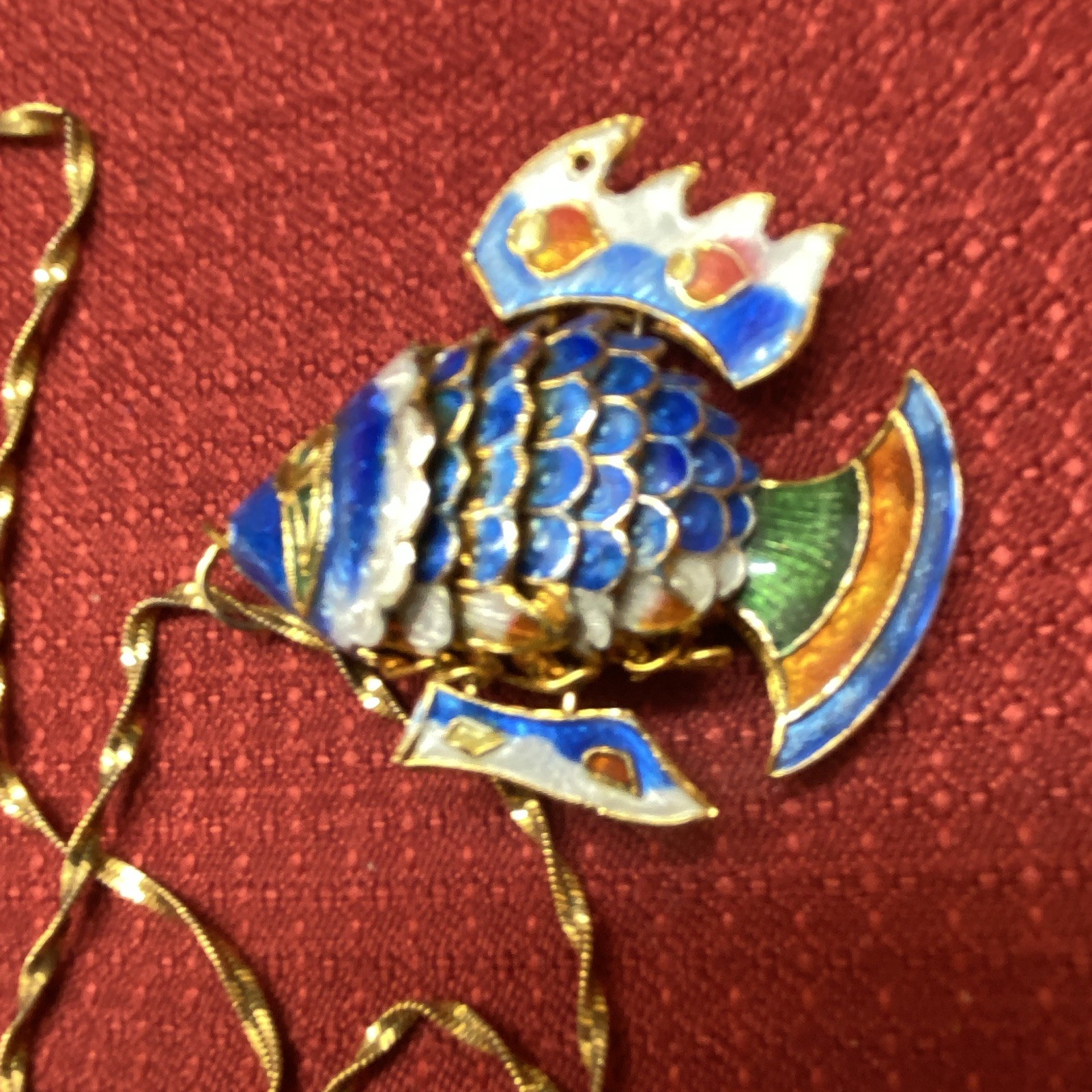 VTG Chinese Cloisonné Articulated Fish Pendant 25.5” Chain Reversible Blue
