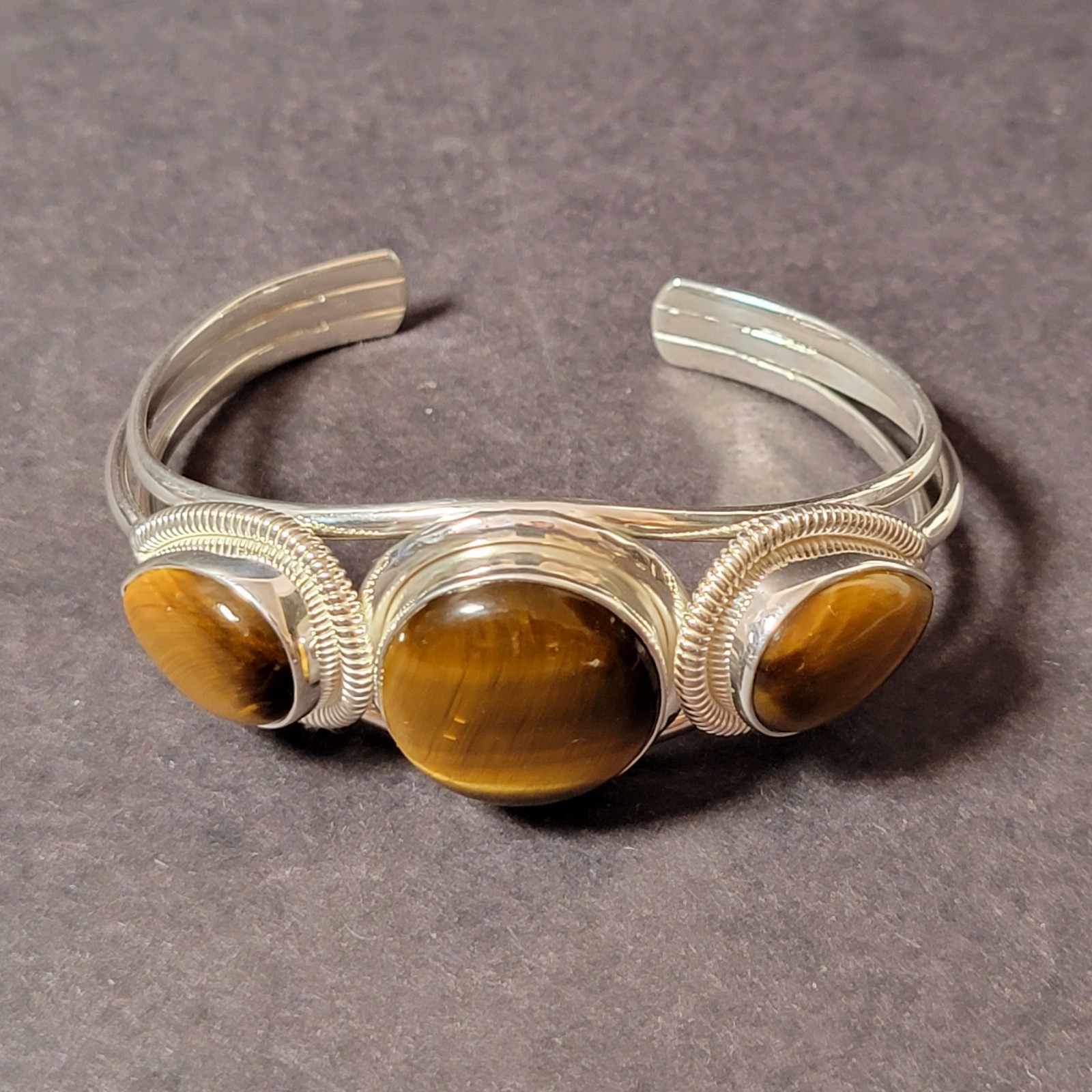 925 Silver Bracelet with 3 Tigers Eye Stones marked India 925 Nice Excellent Con