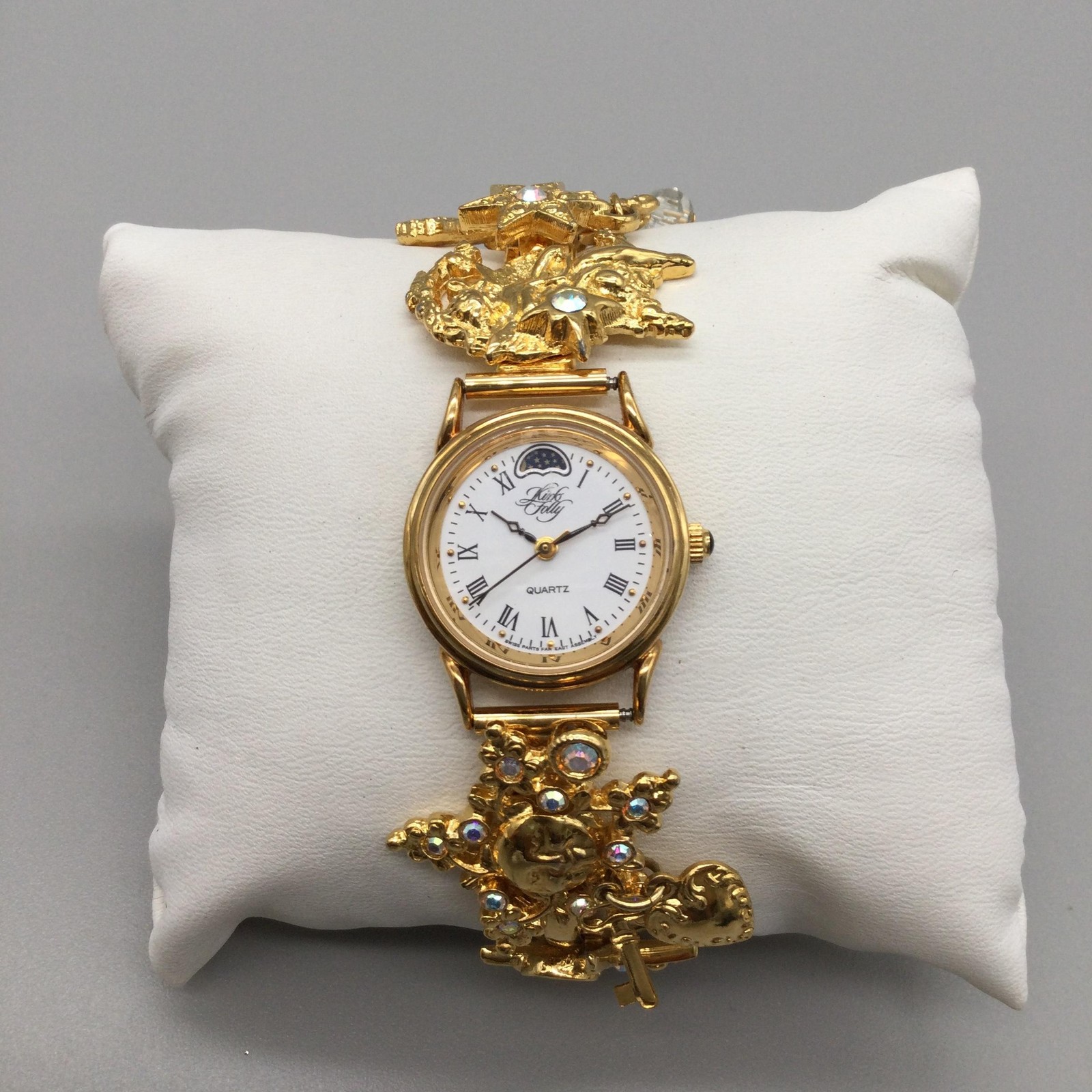 Kirks Folly K46Y Womens Watch 24mm Gold Tone Moon Phase Charms New Battery 8.5″