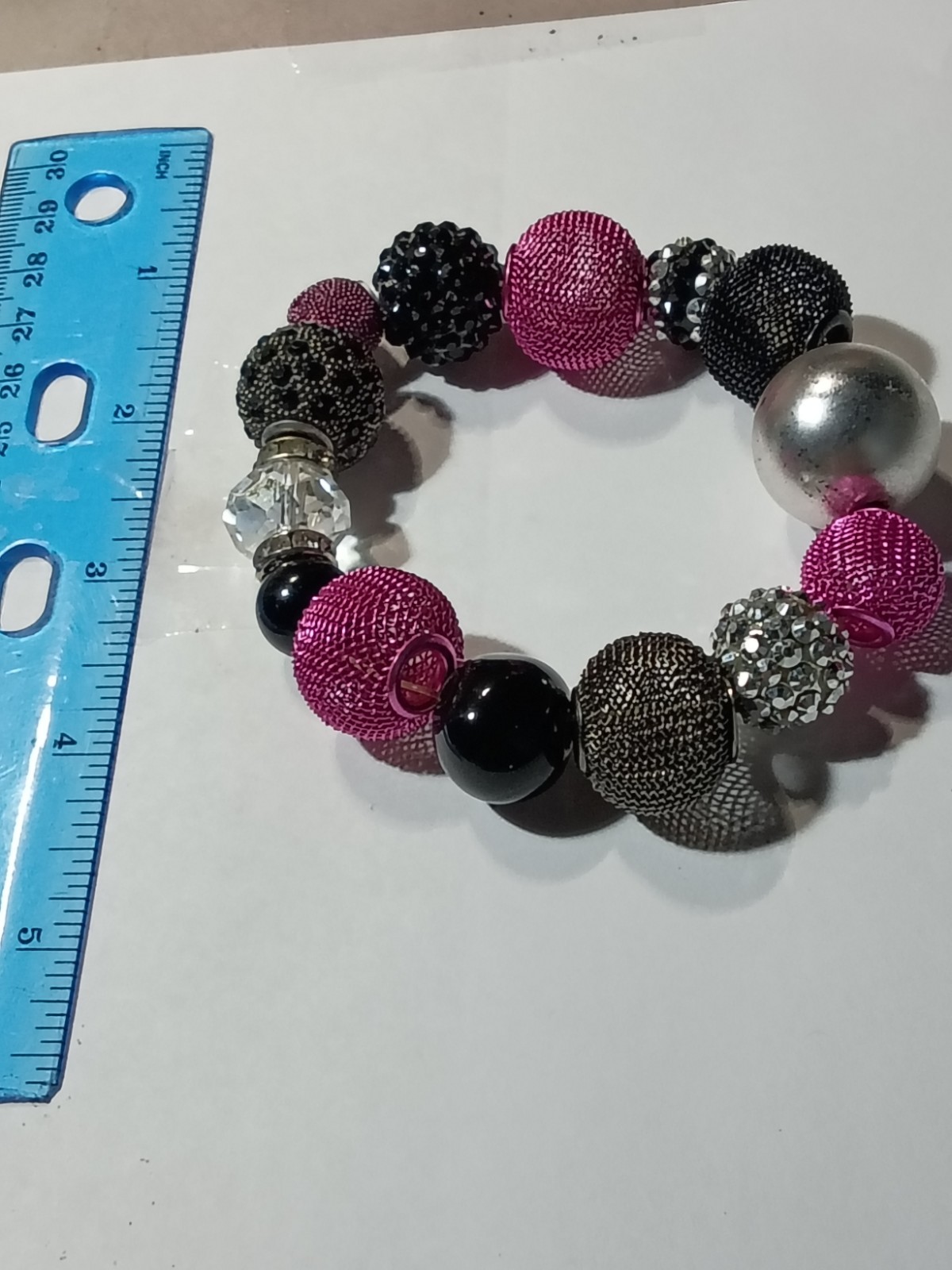 Pink Black Silver Tone Beaded Stretch Bracelet Clear Round Crystal Rhinestone