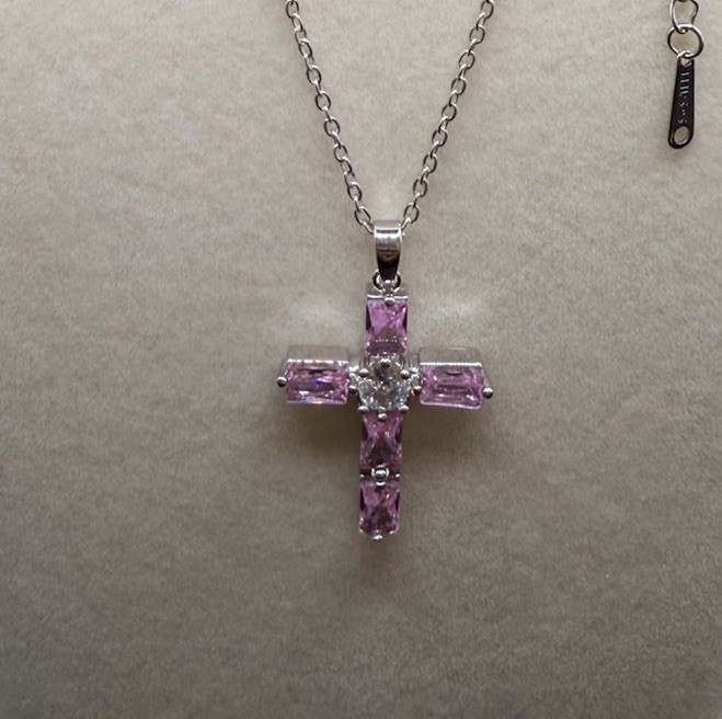 Silver Tone Cross Pendant Necklace, Pink Crystal, Cable Chain, Adjustable