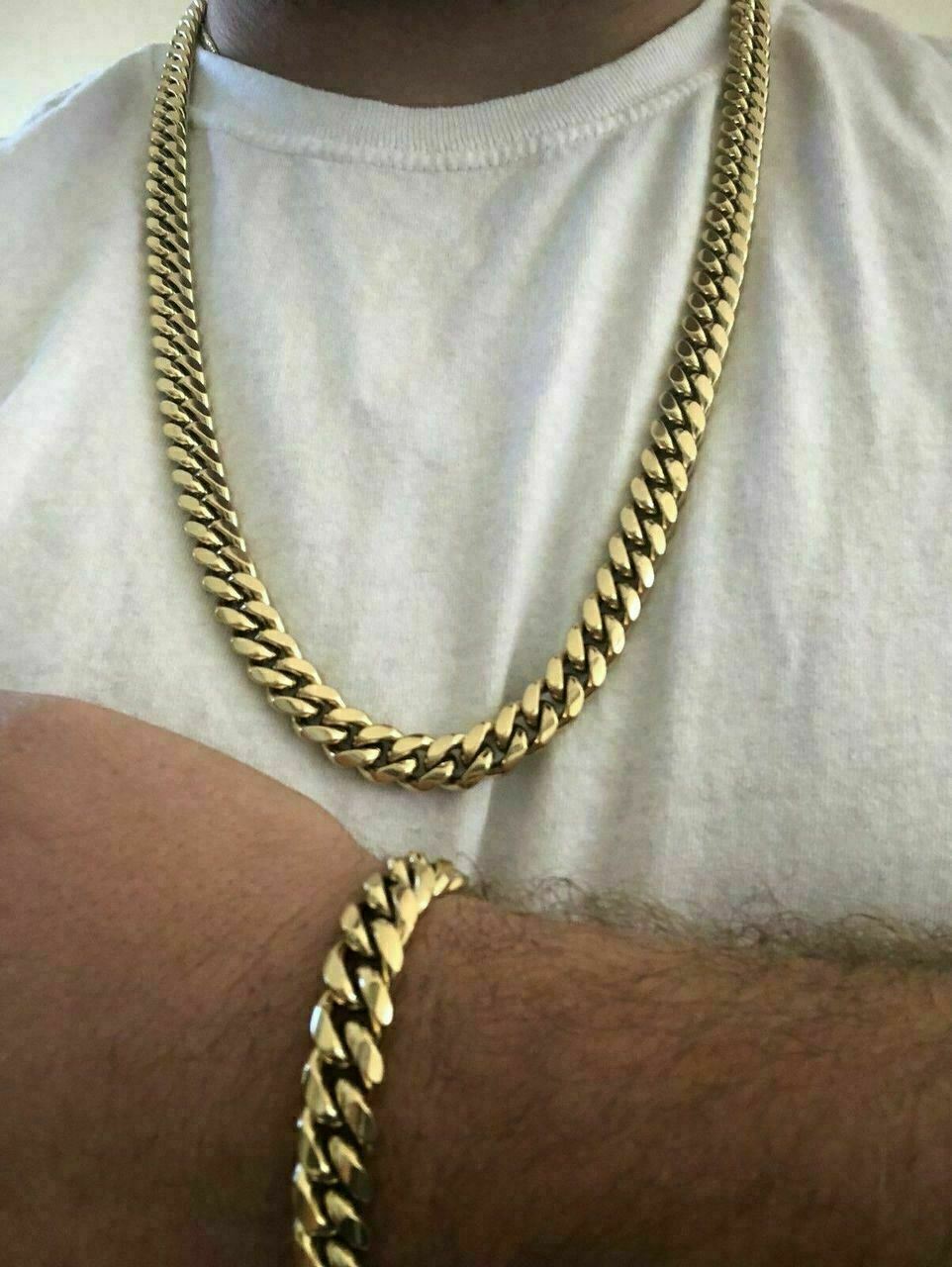 Pulsera y Cadena Cubana Para Hombre 10mm Baño De Oro 14k Sobre Acero Inoxidable