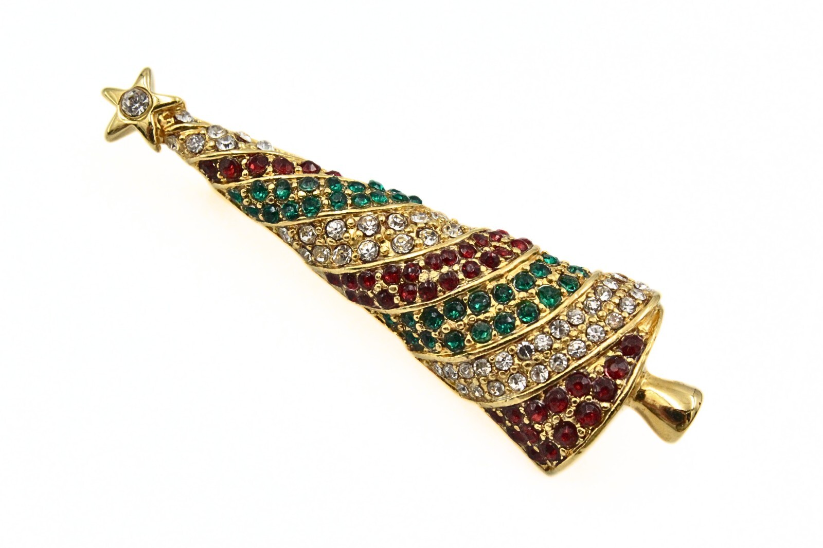Christmas Holiday Gold Plate Encrusted Red Green Rhinestones Tall Tree Brooch