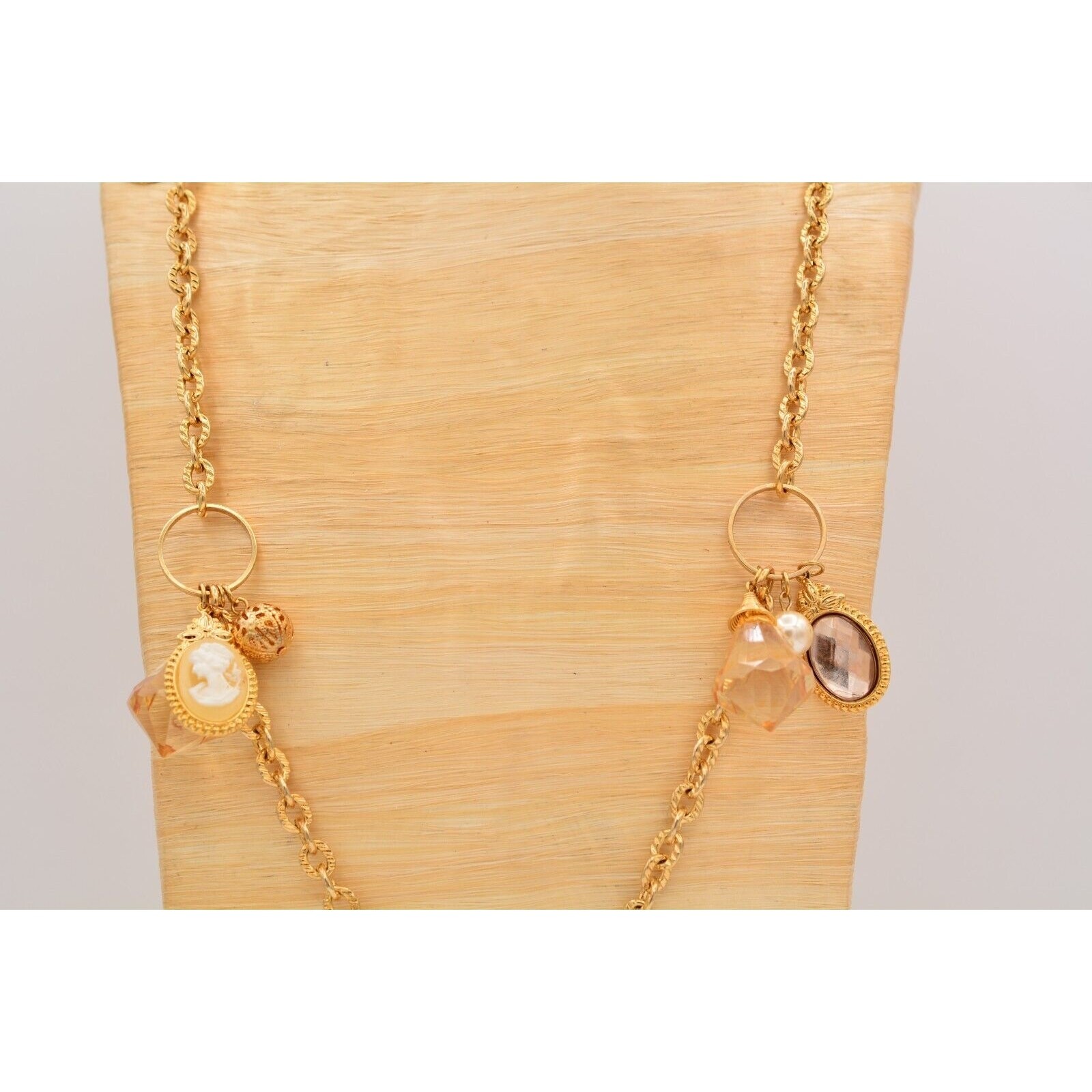 Vintage Station Cameo Necklace Charm Beaded Crystal Gold Chunky 1990s Bin4B